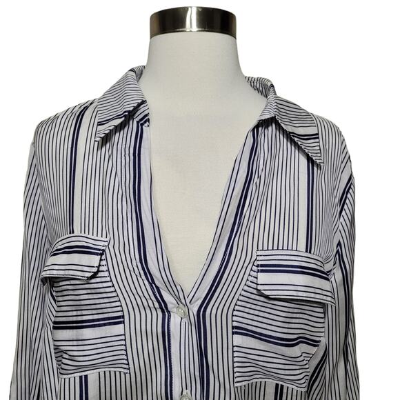 NWT INC International Concepts Women's Blue White Stripe Button-Up Shirt Size L - Picture 5 of 10